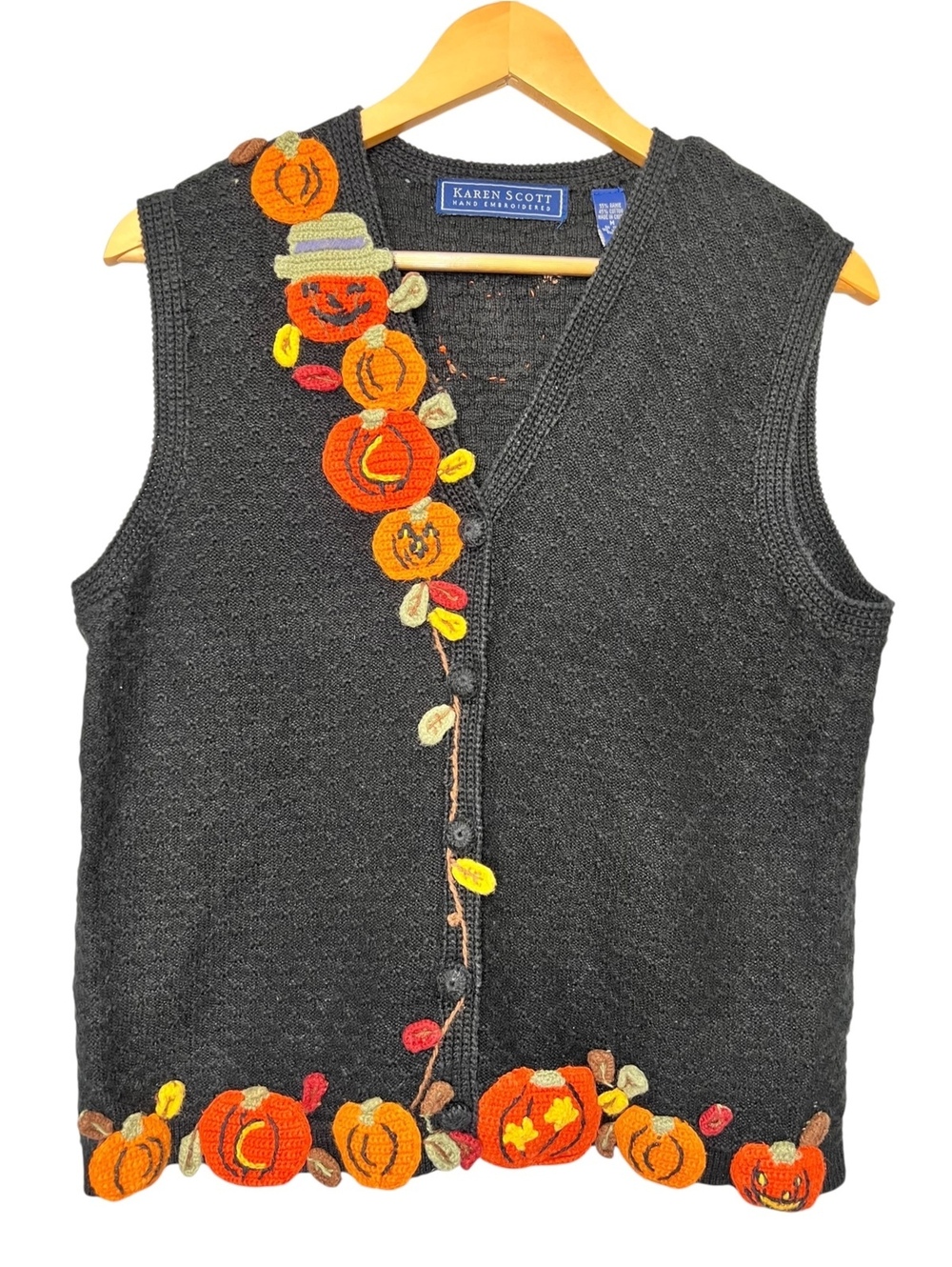 Vintage Fall Halloween Pumpkin Sweater Vest Karen Scott Medium Hand Embroidered